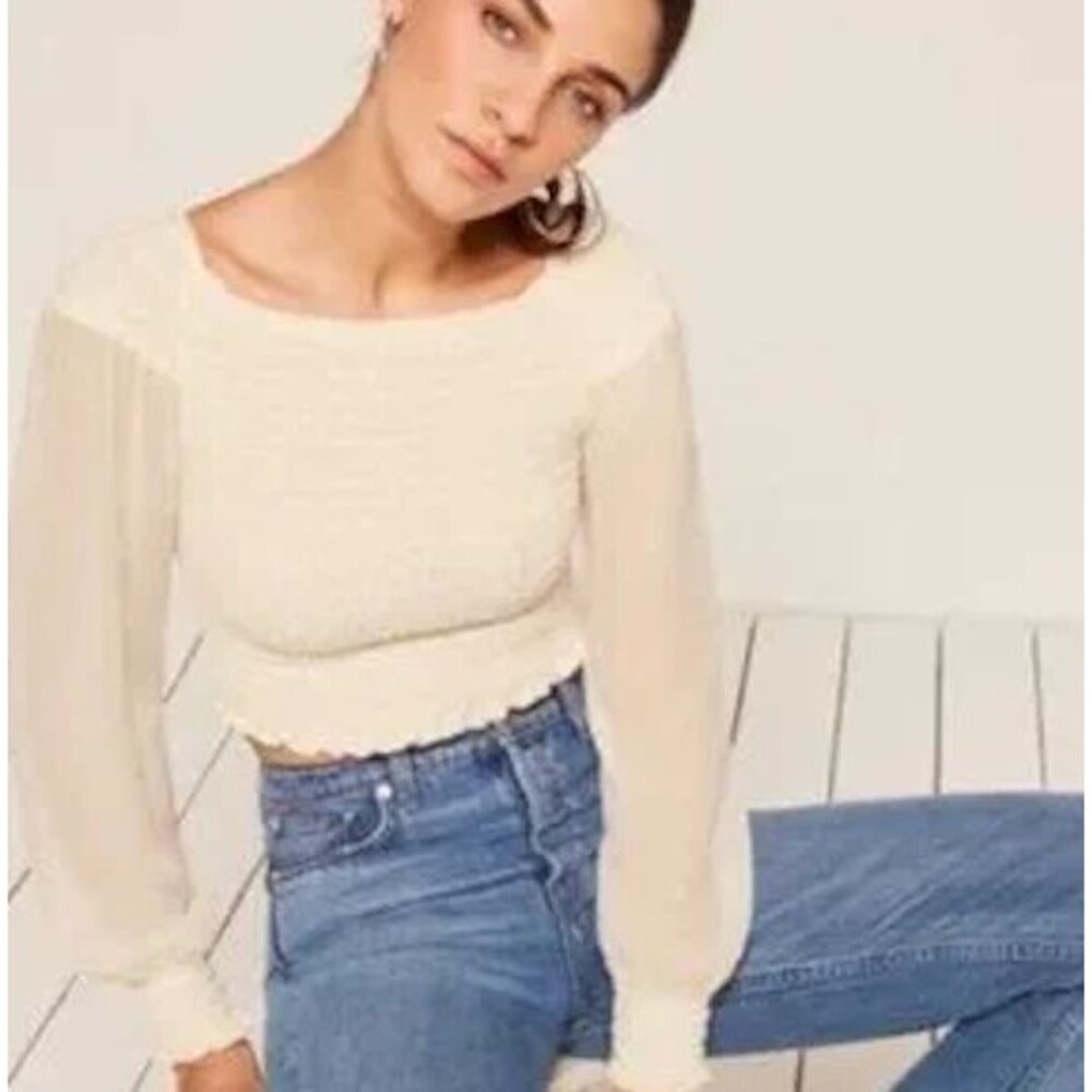 Reformation Cream Smocked Sheer Long Sleeve Top Blouse Women’s Size M